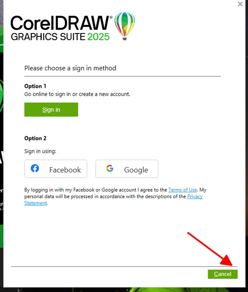 Bấm Cancel để kết thúc cài Coreldraw 2025 Bấm Cancel để kết thúc cài Coreldraw 2025