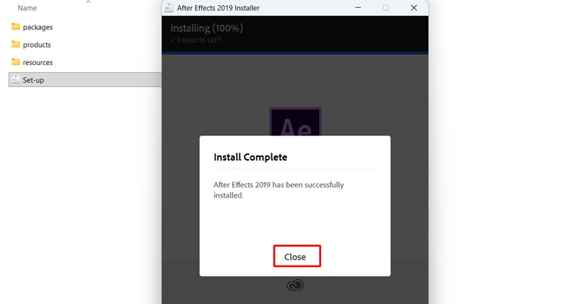 Bấm Close để hoàn tất cài After Effects 2019 Bấm Close để hoàn tất cài After Effects 2019