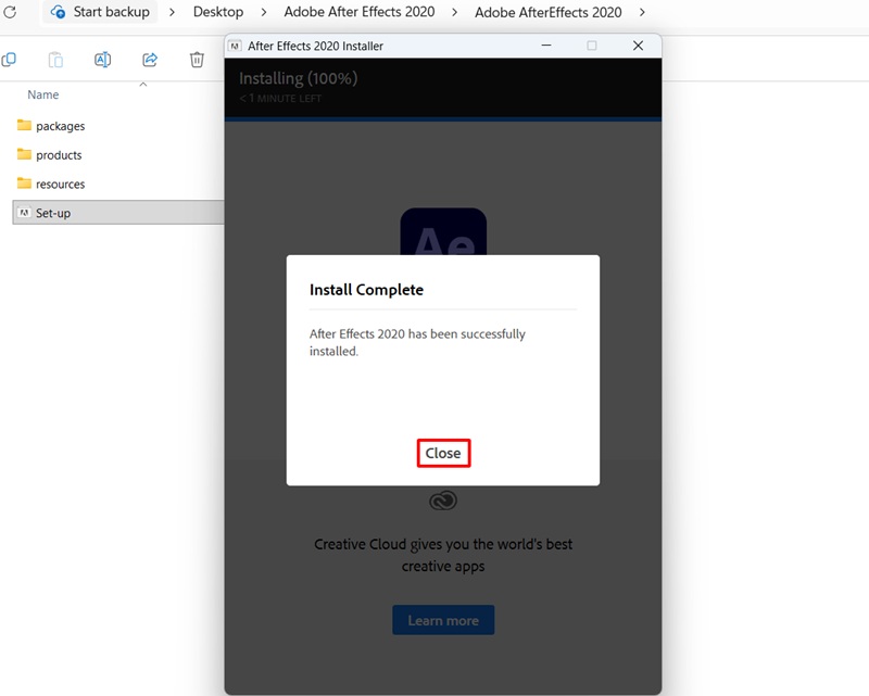 Bấm Close để hoàn tất cài After Effects 2020 Bấm Close để hoàn tất cài After Effects 2020