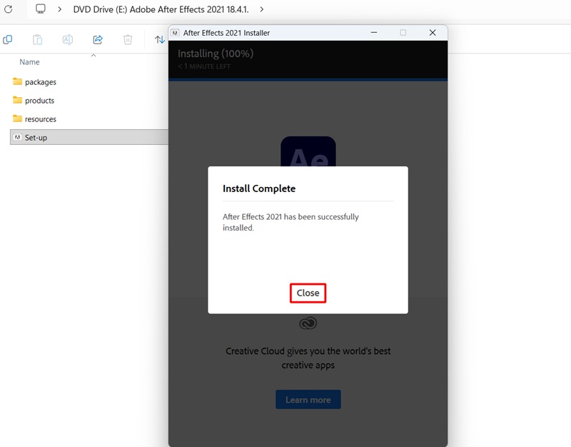 Bấm Close để hoàn tất cài After Effects 2021 Bấm Close để hoàn tất cài After Effects 2021
