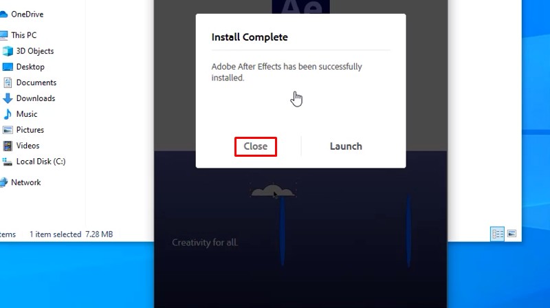 Bấm Close hoàn tất cài đặt After Effects 2025 Bấm Close hoàn tất cài đặt After Effects 2025
