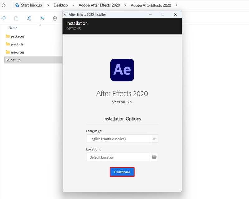 Bấm Continue để bắt đầu cài After Effects 2020 Bấm Continue để bắt đầu cài After Effects 2020