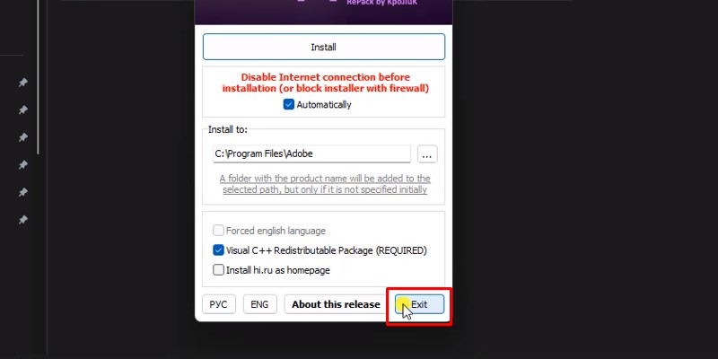 Bấm Exit để hoàn thành quá trình cài Adobe Premiere Pro CC 2018 Bấm Exit để hoàn thành quá trình cài Adobe Premiere Pro CC 2018