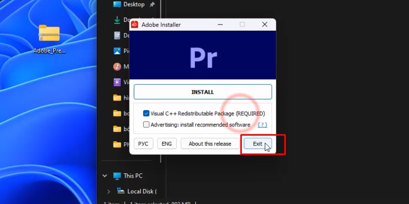 Bấm exit hoàn tất cài đặt Adobe Premiere 2020