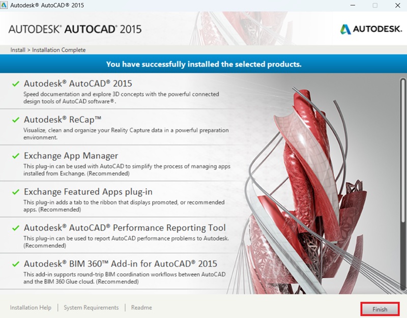 Bấm Finish để hoàn tất cài AutoCAD 2015 Bấm Finish để hoàn tất cài AutoCAD 2015