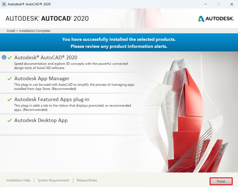 Bấm Finish để hoàn tất cài AutoCAD 2020 Bấm Finish để hoàn tất cài AutoCAD 2020