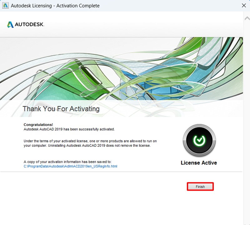 Bấm Finish để hoàn tất kích hoạt AutoCAD 2019