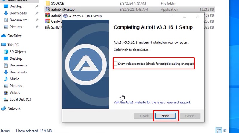 Bấm Finish để hoàn thành cài đặt phần mềm AutoIt Bấm Finish để hoàn thành cài đặt phần mềm AutoIt