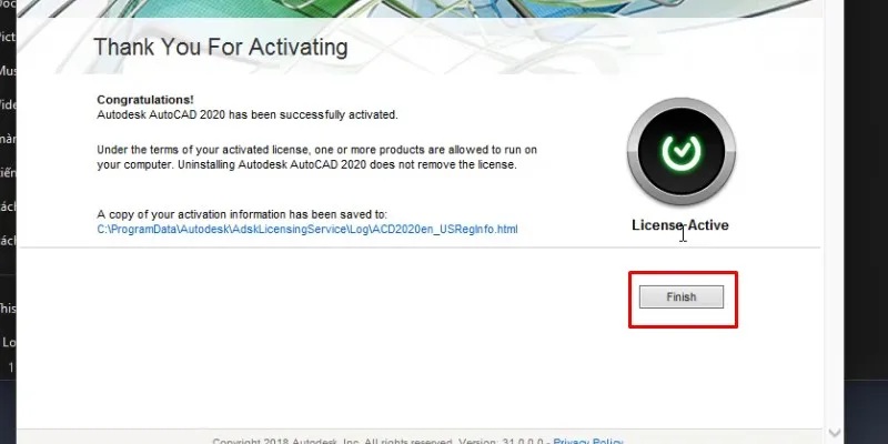Bấm Finish hoàn thành kích hoạt AutoCAD 2020 Bấm Finish hoàn thành kích hoạt AutoCAD 2020