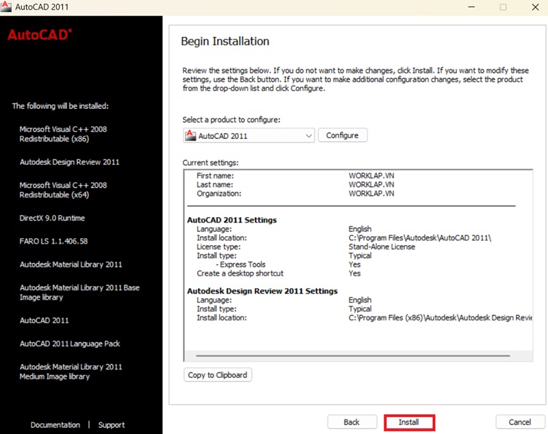 Bấm “Install” để bắt đầu AutoCAD 2011 Bấm “Install” để bắt đầu AutoCAD 2011