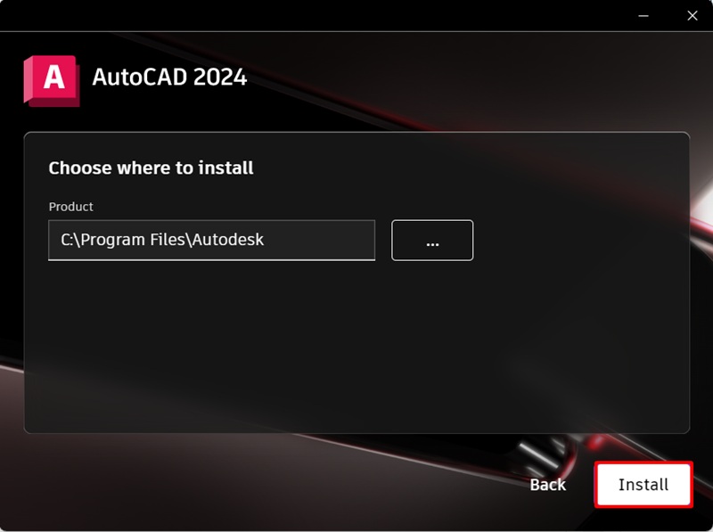 Bấm Install để bắt đầu cài AutoCAD 2024 Bấm Install để bắt đầu cài AutoCAD 2024