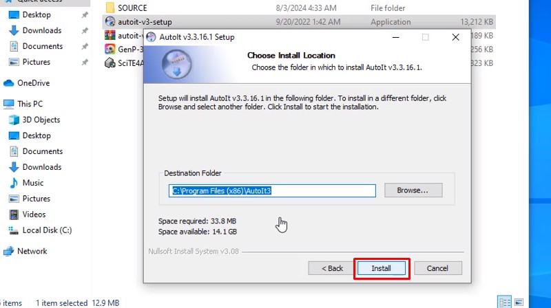 Bấm Install để bắt đầu cài đặt phần mềm AutoIt Bấm Install để bắt đầu cài đặt phần mềm AutoIt