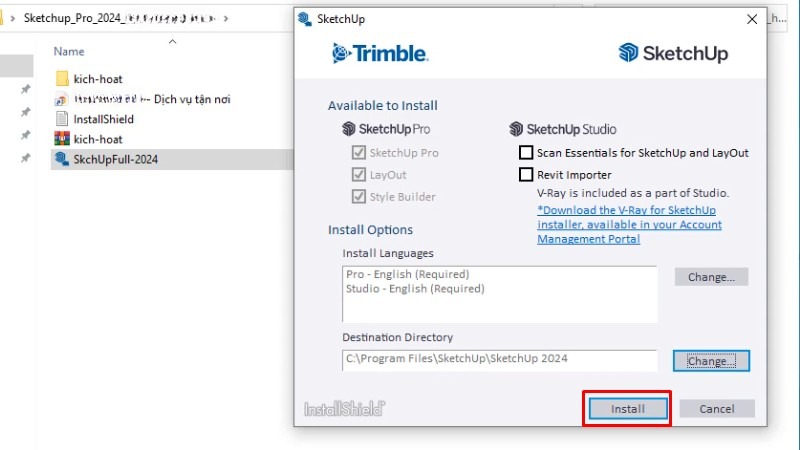 Bấm Install để bắt đầu cài đặt SketchUp 2024 Bấm Install để bắt đầu cài đặt SketchUp 2024