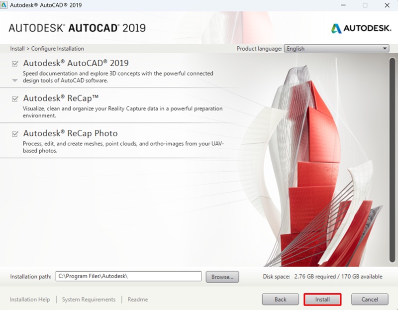 Bấm Install để tiến hành cài AutoCAD 2019