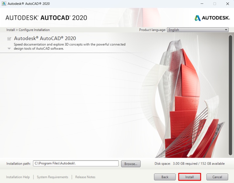 Bấm Install để tiến hành cài AutoCAD 2020 Bấm Install để tiến hành cài AutoCAD 2020