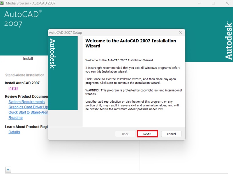 Bấm Next để tiếp tục cài AutoCAD 2007