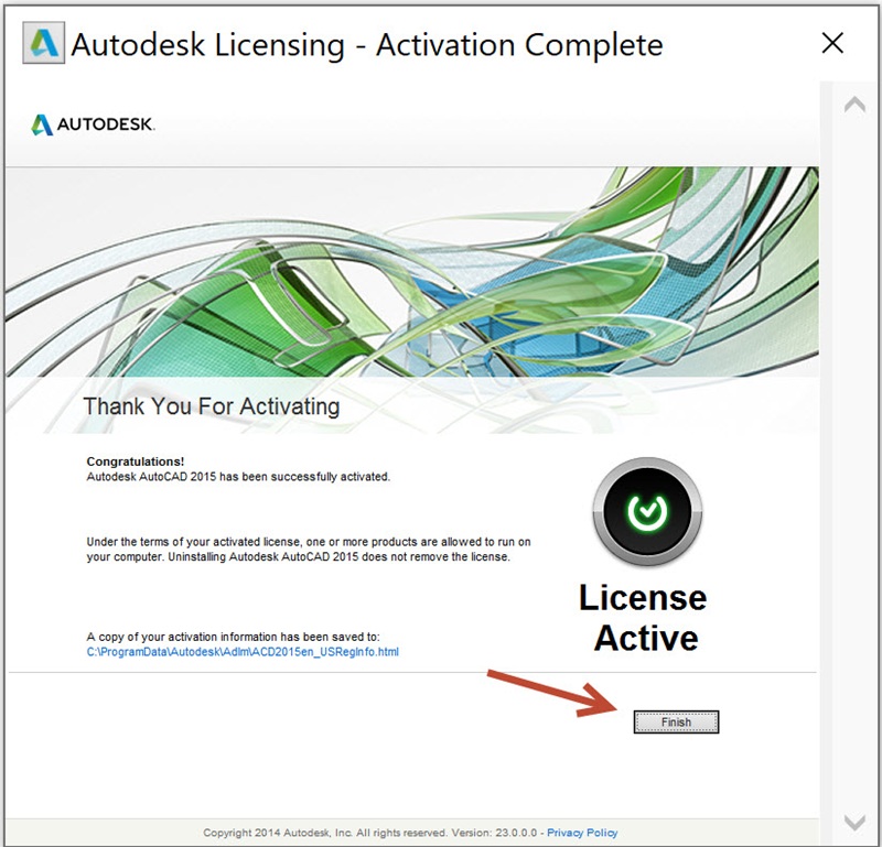 Bấm nút Finish để kết thúc quá trình kích hoạt AutoCAD 2015 Bấm nút Finish để kết thúc quá trình kích hoạt AutoCAD 2015