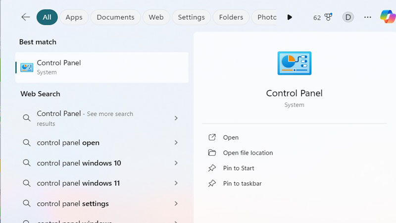 Vào ô start rồi chọn Control Panel Chọn Start > Control Panel