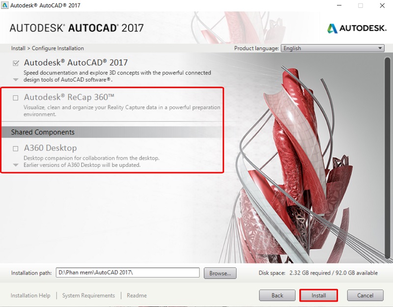 Bỏ chọn các phần mềm không cần thiết của AutoCAD 2017 và bấm Install để cài đặt