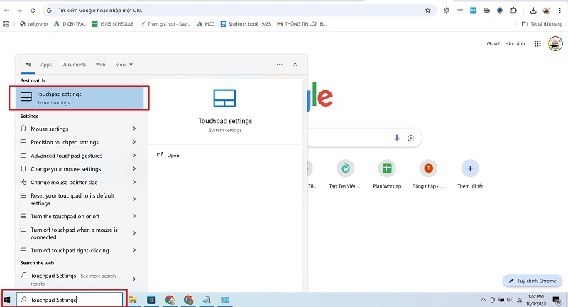 Mở Menu Start gõ Touchpad Settings