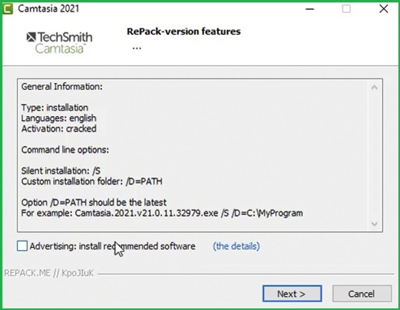 Bỏ tích “Advertising recommended software” rồi nhấn “Next” Bỏ tích “Advertising recommended software” rồi nhấn “Next”