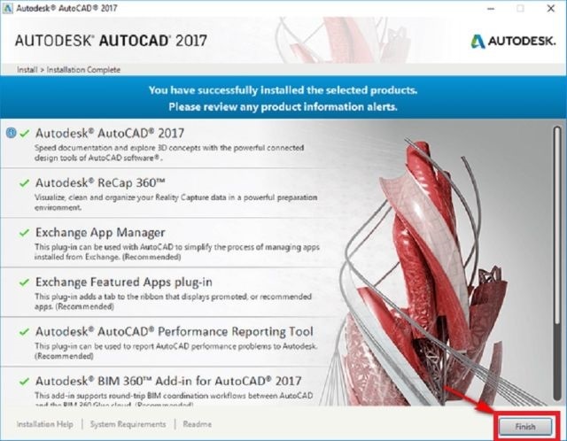 Sau khi cài đặt xong, nhấn “Finish” để hoàn tất và mở AutoCAD 2017