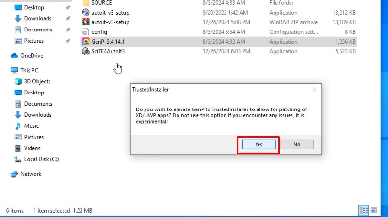 Bấm Yes khi có thông báo