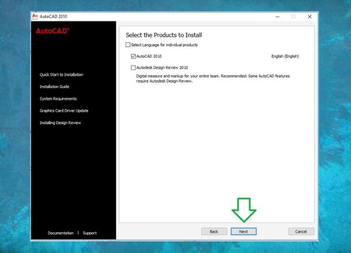  Tích vào ô vuông Autocad 2010 và bấm Next