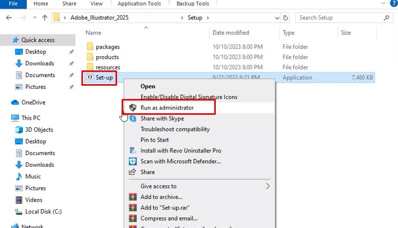 Nhấn Setup.exe và bấm chọn Run as Administrator 