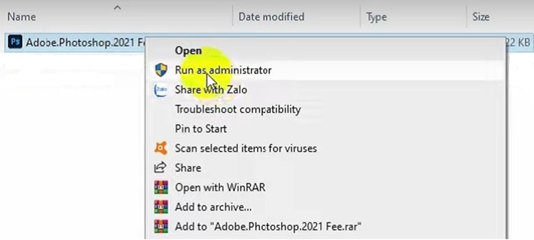 Chọn vào mục Run as administrator để cài đặt