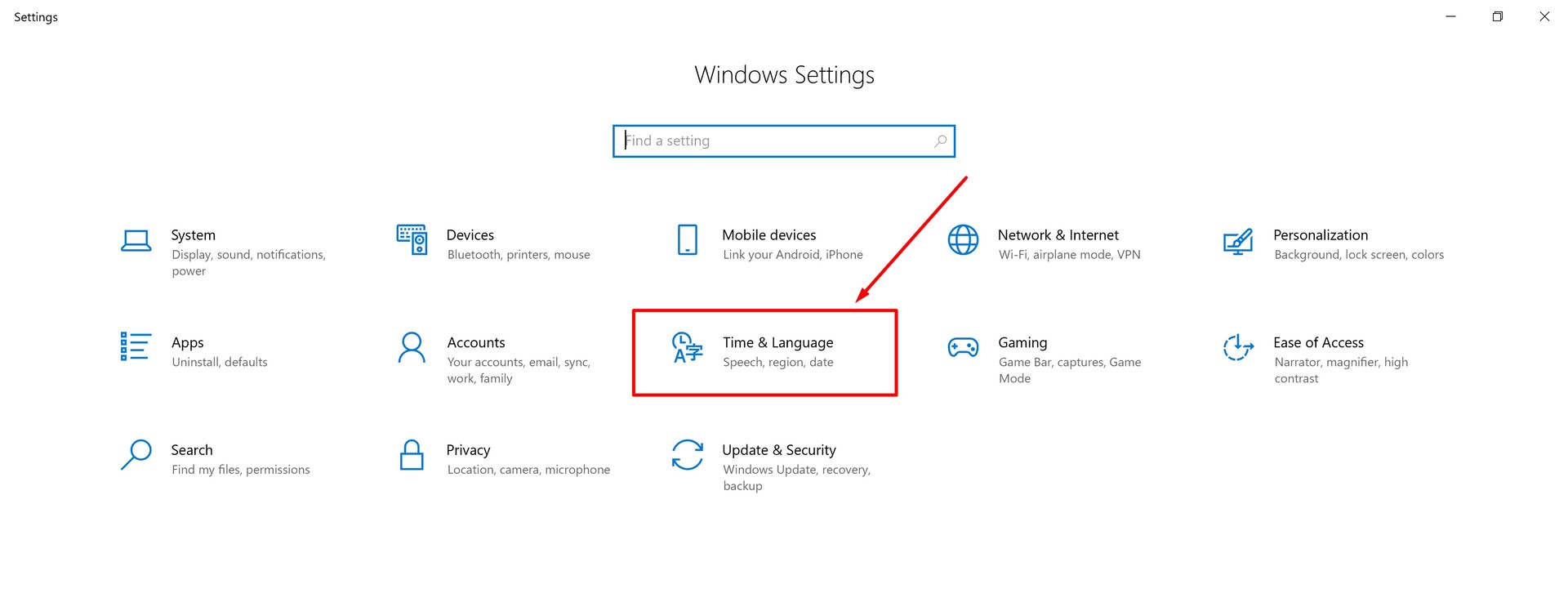 Chọn mục “Time & Language” Chọn mục “Time & Language”