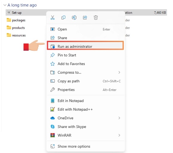Chuột phải vào file “Setup” và bấm chọn vào mục “Run as administrator” Chuột phải vào file “Setup” và bấm chọn vào mục “Run as administrator”