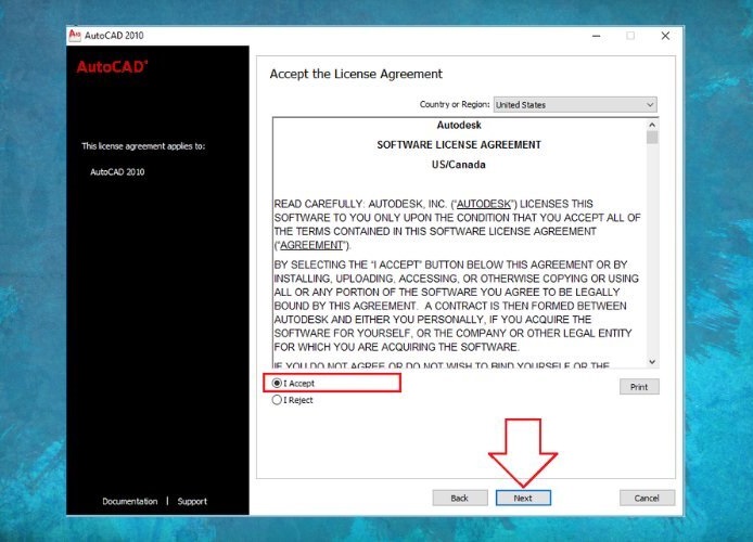 Bấm vào ô “I Accept” và click vào mục Next