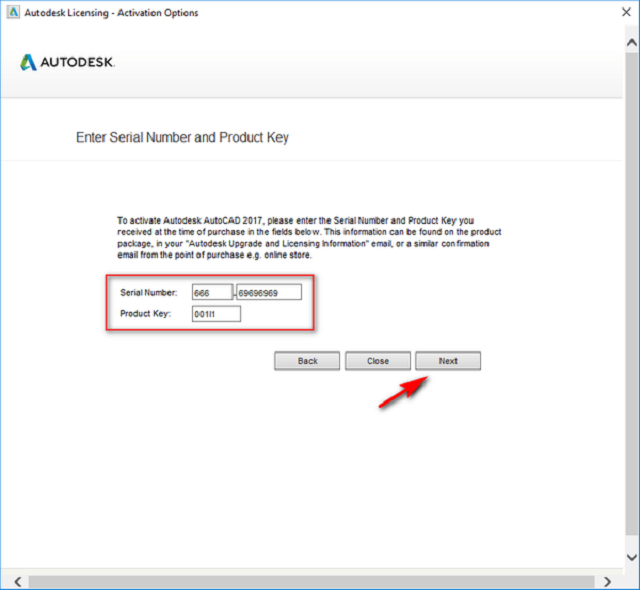 Nhập Product Key và Serial Number, rồi nhấn “Next”