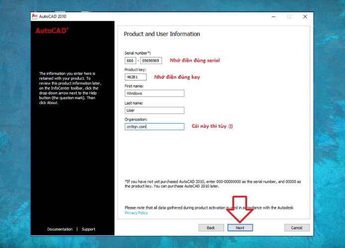 Nhập Product Key và Serial Number chính xác, sau đó nhấn "Next"