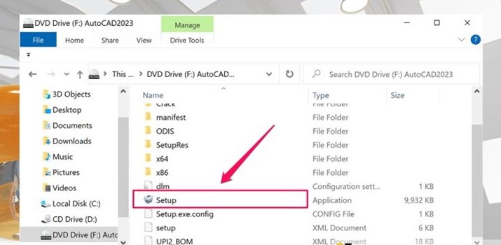 Vào ổ đĩa ảo, nhấp đôi file Setup để bắt đầu cài đặt AutoCAD 2023 Vào ổ đĩa ảo, nhấp đôi file Setup để bắt đầu cài đặt AutoCAD 2023
