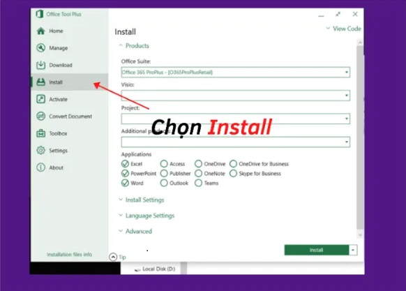 Mở file "Install", chọn ứng dụng cần thiết như Word, Excel, PowerPoint Mở file "Install", chọn ứng dụng cần thiết như Word, Excel, PowerPoint