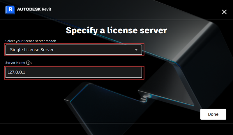 Mở Revit 2023, chọn Use a network license, nhập 127.0.0.1 và nhấn Done Mở Revit 2023, chọn Use a network license, nhập 127.0.0.1 và nhấn Done