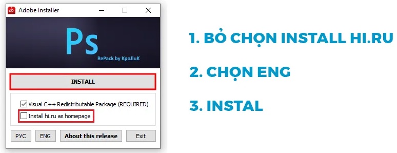 Chọn ô “Install hi.ru as homepage” Chọn ô “Install hi.ru as homepage”