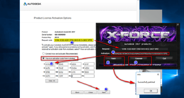 Chạy file xf-adsk, click "Patch," sao chép Request code, nhấn "Generate" và "Next" để kích hoạt