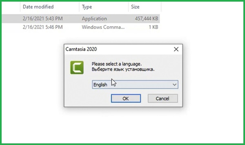 Click đúp file “Camtasia.2020.v20.0.13.28357”, chọn ngôn ngữ và nhấn “OK”