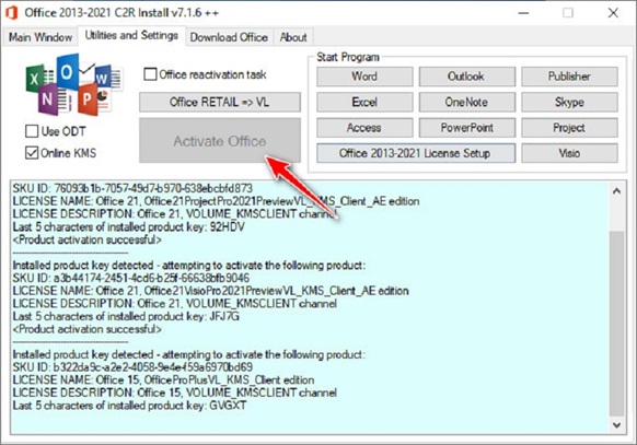 Chọn "Utilities and Setting," rồi bấm "Active Office" để kích hoạt bản quyền Chọn "Utilities and Setting," rồi bấm "Active Office" để kích hoạt bản quyền