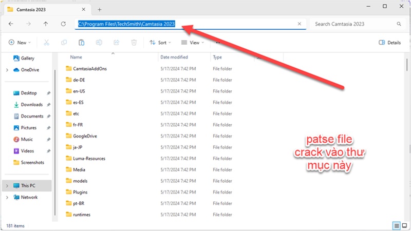 Dán tệp kích hoạt vào thư mục cài đặt Camtasia bằng Ctrl + V Dán tệp kích hoạt vào thư mục cài đặt Camtasia bằng Ctrl + V