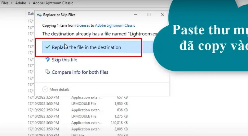 Chọn vào mục Replace the file để thay thế