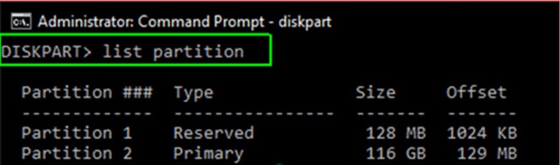 Nhập lệnh list partition