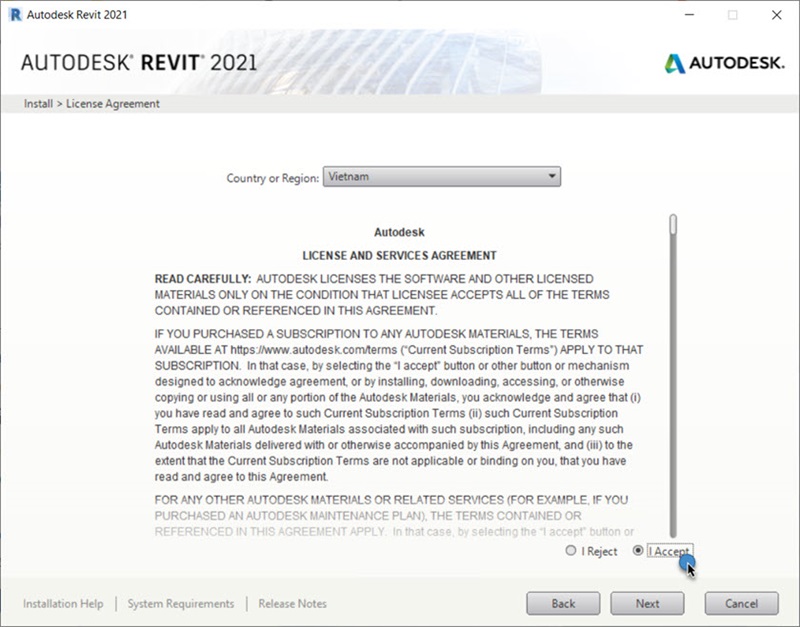 Chọn “I Accept” rồi nhấn “Next” để đồng ý điều khoản Autodesk Chọn “I Accept” rồi nhấn “Next” để đồng ý điều khoản Autodesk