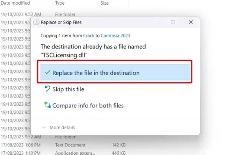 Nhấn "Replace" để thay thế tệp cũ bằng tệp kích hoạt mới Nhấn "Replace" để thay thế tệp cũ bằng tệp kích hoạt mới