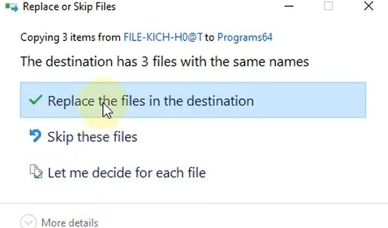 Chọn Replace rồi nhấn Continue để thay thế các tệp cũ Chọn Replace rồi nhấn Continue để thay thế các tệp cũ