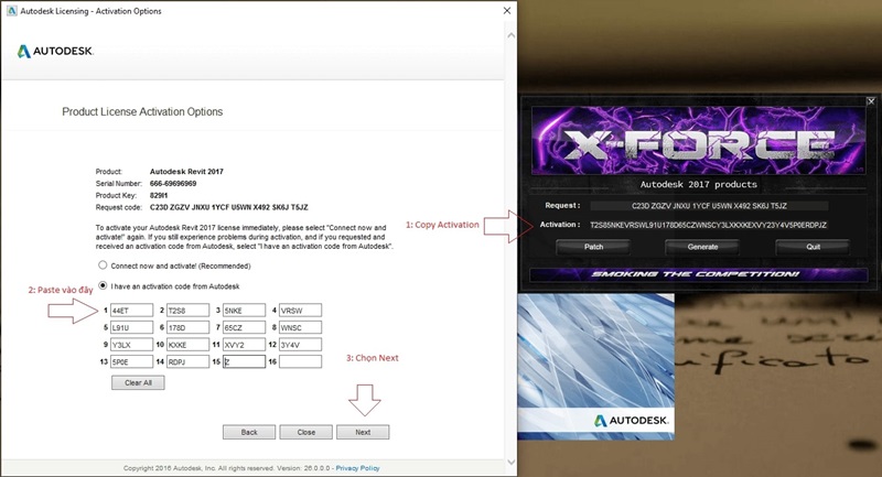 Nhấn “Generate”, rồi “Patch”, sao chép Activation, dán vào ô và nhấn “Next” Nhấn “Generate”, rồi “Patch”, sao chép Activation, dán vào ô và nhấn “Next”