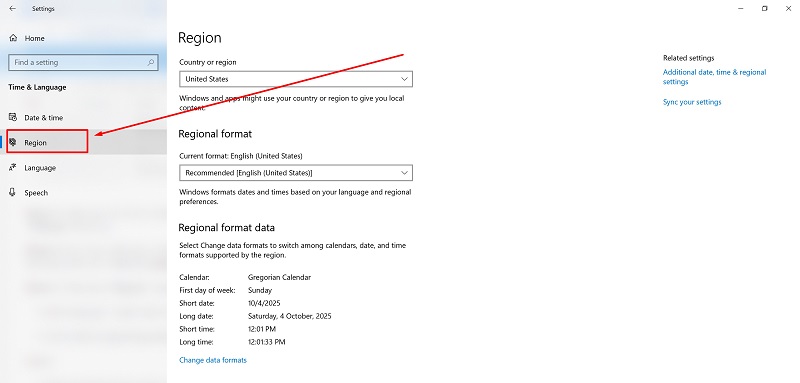 Chọn mục “Region” sau đó làm theo hướng dẫn Chọn mục “Region” sau đó làm theo hướng dẫn